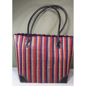 Weaved Straw Raffia Tote w/ Liner and Pocket Made In Madagascar Blue Red Natural